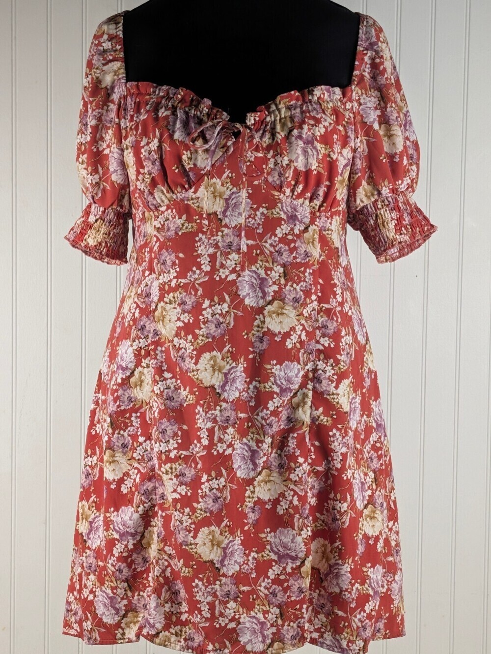 Trixxi Floral Puff Sleeve Mini Dress in Rust Red Size L